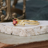 Nature Inspired Round Garnet Deep Red Leaf Six Claw Setting Engagement Ring